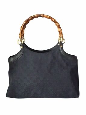 Gucci GG Monogram Black Canvas Bamboo Top Handle Tote Shoulder Bag Vintage